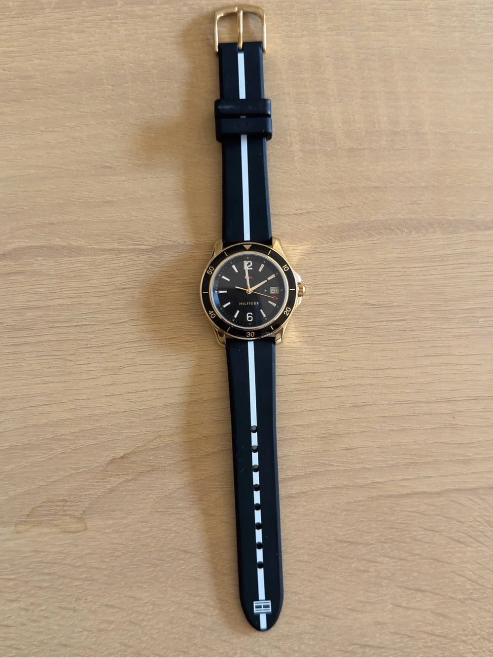 Tommy Hilfiger Blue and White Stripe Silicone Watch with Gold